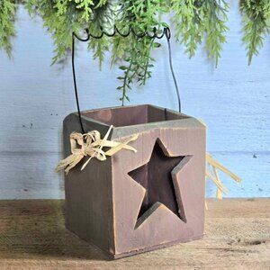 Primitive Green Brown Distressed Wood Star Cutout Candle Holder Farmhouse Decor